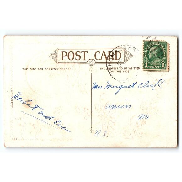 Vintage Christmas Postcard Snowy Windmill Scene with Poinsettia & Holly - Picture 2 of 2